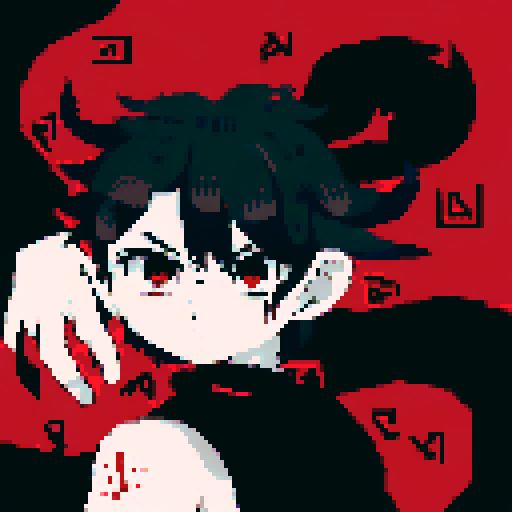 Half-demon warrior with long black hair cascading down their back, captivating fusion of contrasting elements, red eyes reflecting fierce determination and vulnerability, attire blending traditional and modern influences from human and demon cults, character portrait, close up, anime style, pixel art