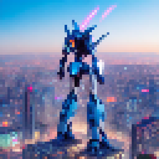Giant, metallic, and sleek, the mecha strides through a neon-lit city, with sparks flying and exhaust fumes billowing behind it, ready for battle in its anime-style glory.