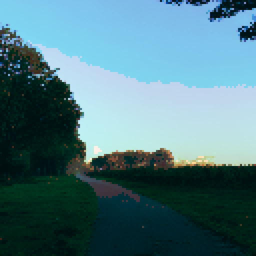 Expansive sunset sky, orange and purple hues, pixel art, sRGB, background, landscape, towering building, silhouetted trees, gentle rolling hills, wispy clouds