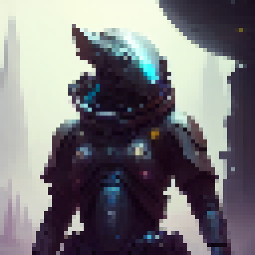 Futuristic knight surveys lush green planet with towering trees, bioluminescent flora, and hovering drones in a sleek, cyberpunk art style.