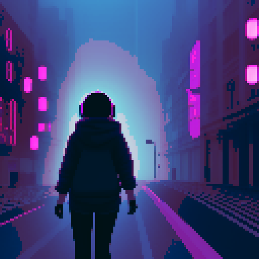 hacker girl, lonely rainy day, glowing neon codes, flickering screens, vibrant pixelated cityscape, futuristic attire, headphones, city lights reflecting on wet pavement