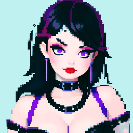 curvy, cute goth cat girl face, black hair, purple eyeshadow, red lipstick, studded leather, face portrait, glamour shot, vibrant sRGB colors, pixel art