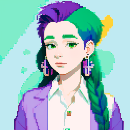 Realistic Portrait of a non binary person with long purple and green hair, feather earrings on one ear, and a tropical buttoned down shirt