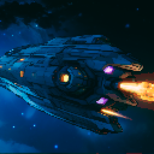 spaceship with sleek metallic exterior, glowing engine fires, starry backdrop, vibrant pixel art, sRGB colors