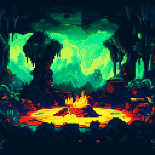 Cave with dark stalagmites on the top and bottom and a central shrine area flanked by fiery torches with a platform in the center. Below the platform in the center of the piece is a pile of treasure and gold and loot.