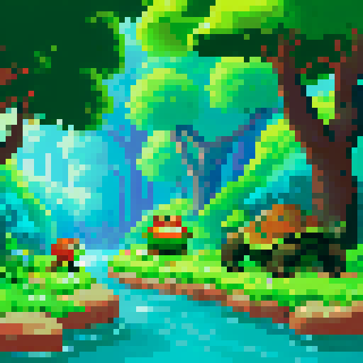 In a wooded clearing with lush green trees and a river, a terrible menace in the background threatens the turtles' peaceful life.