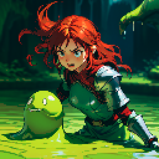 hero sinking into slime, hero drowning in slime, hero has red hair, hero has silver armor, reaching up, panic, sinking deep into slime