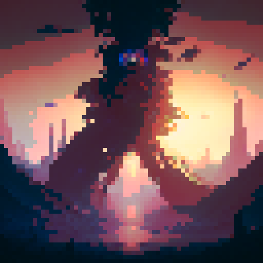 Mechanical tree towering over the skyline, adorned with gears intricately designed and branches extending towards the vibrant, pixelated sunset, while steam-powered animals roam around the fantasy RPG world of 3000