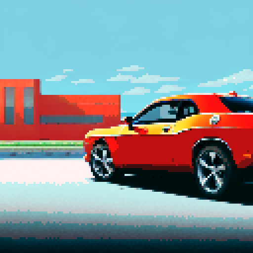 Photorealistic, centered Dodge Challenger in a three quarter view, right wheel in front, clean background, pixel art style with sRGB colors
