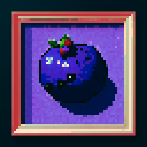art frame made of pixelated blueberries, pixelated fruits in vibrant colors, void inside, dark background, sRGB
