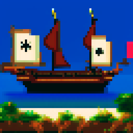 Pirate ship, with single sail and front deck cannon, gliding through soft waves in pixel art style for a laid-back casual game.