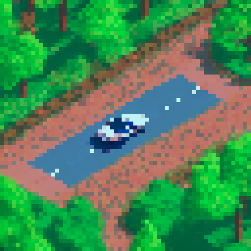 A pixel image of a photorealistic ford mustang car. The car is located in the center of the image and occupies most of the space, we see the front of the car. The car is on the road in the forest