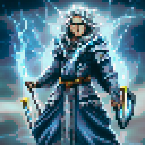 Thalrin Stormcaller, powerful storm wizard, with long, wild silver hair, piercing blue eyes reflecting mastery over storm magic, adorned in blue and white robe with lightning bolt motifs, holding sparking staff topped with lightning bolt, against stormy sky with dark clouds, flashes of lightning Style: pixel art