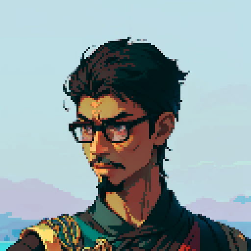 Southeast Asian man, short curly hair, round glasses, tanned, goatee, diamond shaped face, Wearing a black cloaks