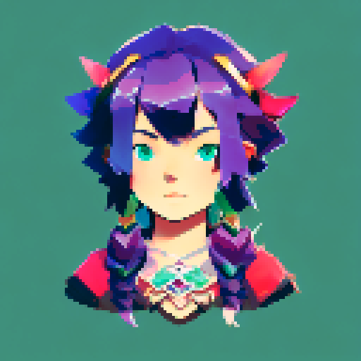 Thicc, busty goth girl, with long purple hair, eyeliner, red lipstick. wearing a halter top and spiked collar. Posing for a up close face portrait. vibrant sRGB colors, pixel art,