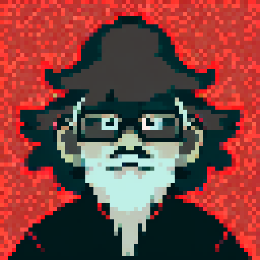 wise old librarian grandpa portrait, hooded figure, long bushy beard, wise eyes full of knowledge, pixelated style, non-vibrant colors
