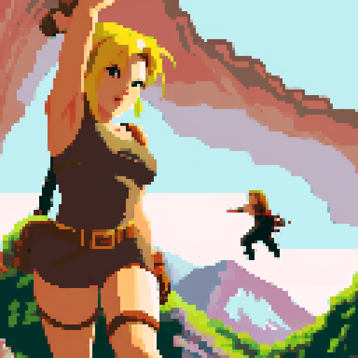 blonde tomb raider climbing up hills and mountains