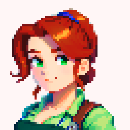 A Stardew valley style portrait for an NPC blacksmith character from the chest up. She has auburn hair in a ponytail, a muscular body with a black apron on, and green eyes.