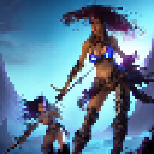 Bikini-clad warrior women, swords and shields in hand, fiercely charge towards mystical glowing ruins in a fantasy RPG world.