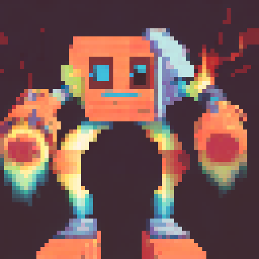 A towering wubbox emits a vibrant, rainbow-colored aura amidst a lush, forested landscape rendered in a retro, 8-bit pixel art style with a sRGB color scheme