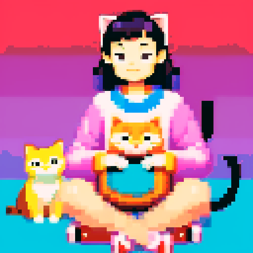person with a cat on their lap, vibrant colors, blocky pixels, retro aesthetic, warm and cozy setting, soft lighting, expressive cat poses, meticulous attention to detail, intricate pixel patterns, nostalgic video game vibes, playful interaction between person and cat, harmonious sRGB color palette