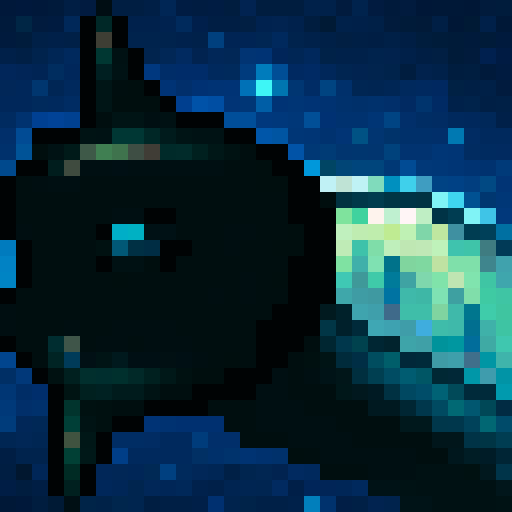 barreleye fish, deep underwater tones, starry night sky, skillfully depicted, vibrant colors, pixelated art, 32x32 game icon