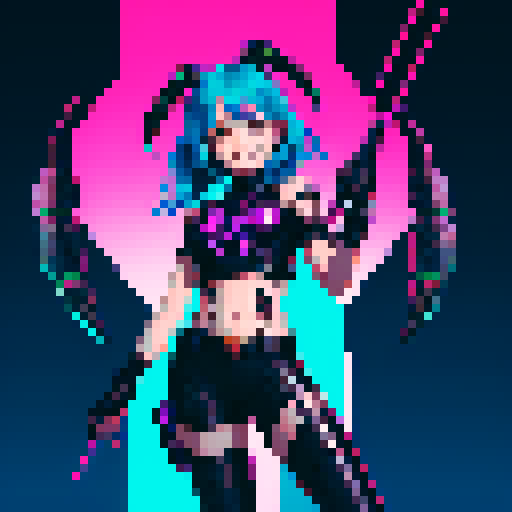 cute girl with vibrant hair, and a playful smile, with a metallic cyberpunk scorpion tail as weapon