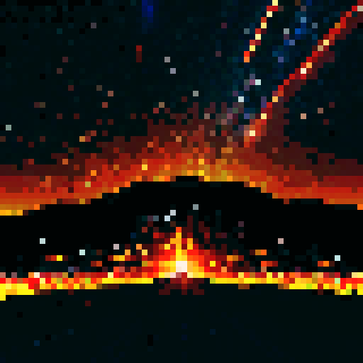 Meteor, streaking through the night sky, fiery trail fading into the darkness, vibrant shades of orange and red, pixelated explosion illuminating the landscape with bursts of sRGB colors