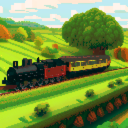 Rustic locomotive chugs through rolling hills, verdant fields, and quaint villages in the lush English countryside, rendered in stunning pixel art with a vibrant sRGB color palette