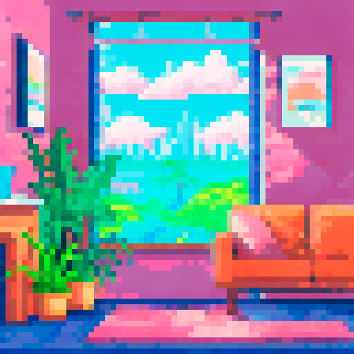 Living room with Tropical plants, vibrant colors, cozy furniture, natural light, palm tree wallpaper, pixelated patterns, retro television, sandy floor, wooden beams, rattan chairs, beach-inspired decor, sunset hues, scenic landscape, lush greenery, sRGB color scheme, pixel art details