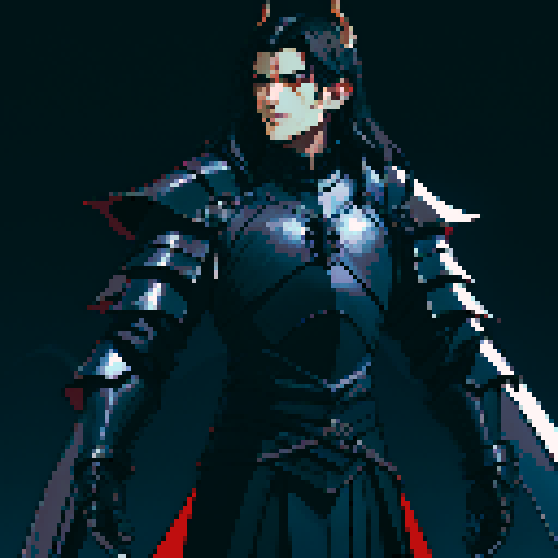 black armor, sexy, long black hair, male knight, man, demon knight, demonic wing, horns, black hair, black armor, dark background