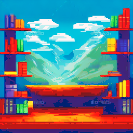 bookshelf overflowing with books, 2d pixel art style, 
