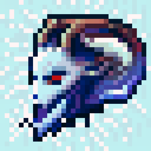 8 bit Pixel Art with a white background in the form of a mask with a pose facing right and shaped like a goat demon