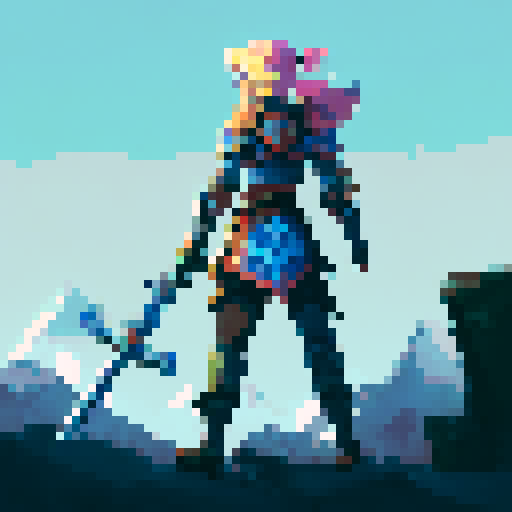 a woman knight holding a sword above her head, clad in armor, with mountains behind