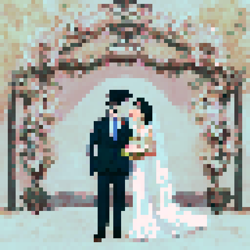 bride with fair skin, black hair, and tall stature, groom with ethnic features, under white cloth chuppah, at Jewish wedding, against black background, flat color pixel art, sRGB emphasized, landscape portrait