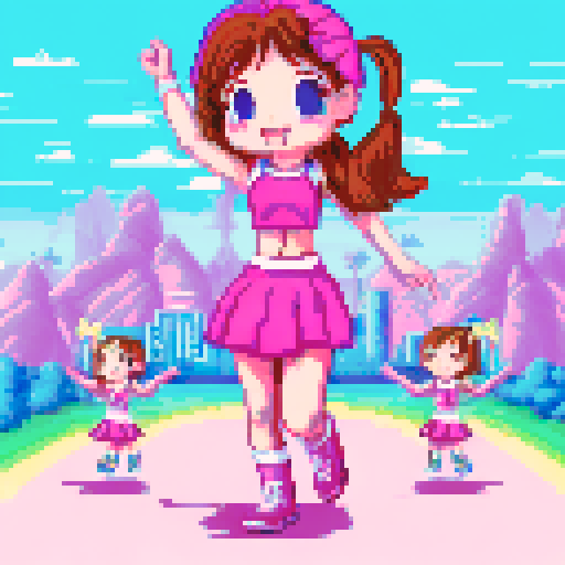 Girl with pink pigtails, cheerleader outfits, dancing, meat flying, rainbow, sRGB, pixel art, background, landscape