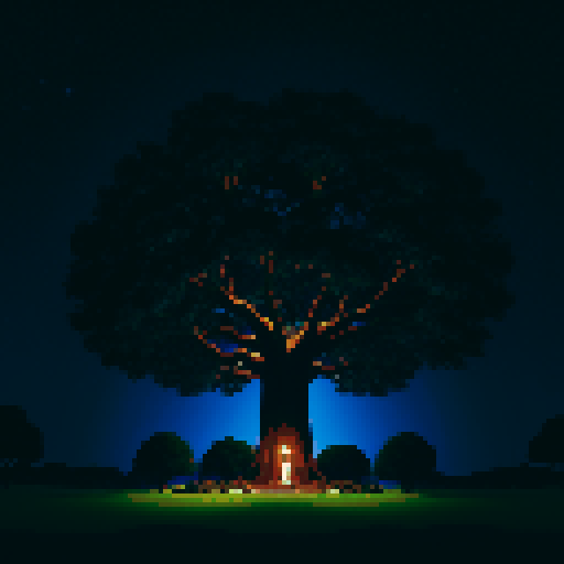 gigantic towering oak tree viewed from afar, nighttime setting, vast black sky with white stars, nostalgic feel, sega genesis style