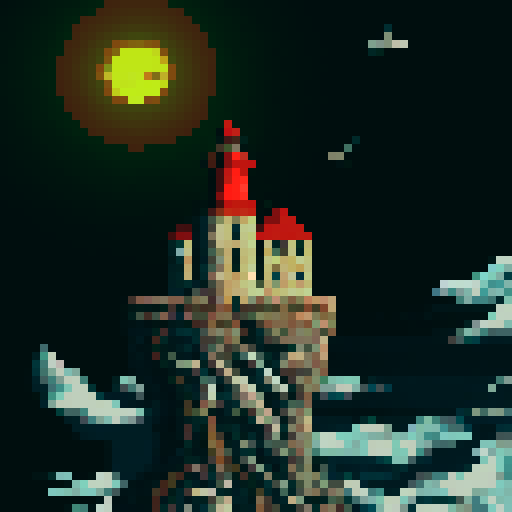 A towering lighthouse stands tall against a stormy sky, surrounded by choppy waves and rugged cliffs, with seagulls circling above