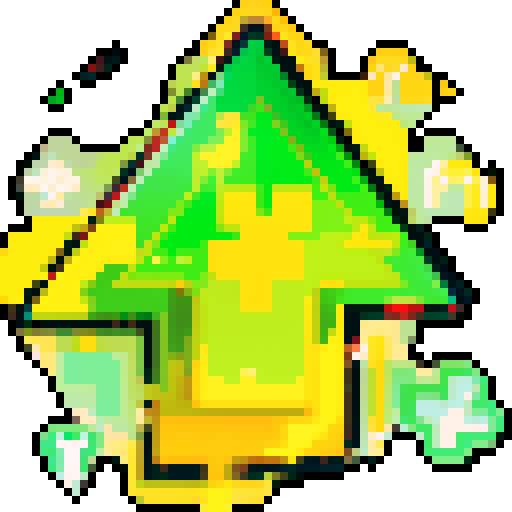 A glowing, upward-pointing arrow with a thick black outline, filled with vibrant green and yellow gradients, overlaid with small clover-like sparkles and surrounded by a splash of yellow and orange energy.