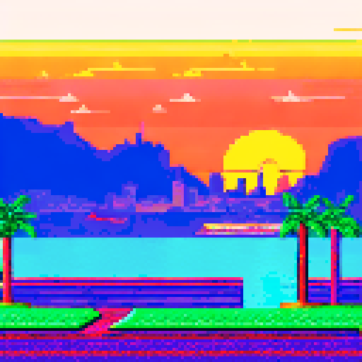 Monaco skyline at sunset, towering palm trees, sparkling ocean, grandstands filled with spectators cheering on their favorite racer, all depicted in retro pixel art style with a muted sRGB color palette
