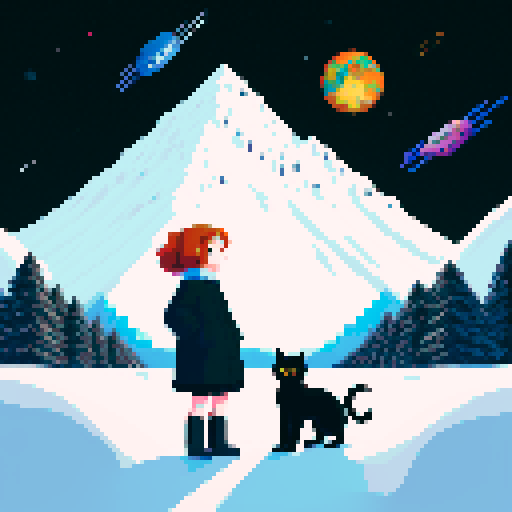 Woman with auburn hair and a black cat with yellow eyes in between towering, snow mountains in space
