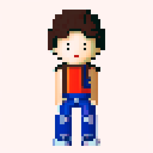 A single sprite of a young boy with a backpack on, pixel art, facing the camera, with a plain expression. His eyes are blue and his hair is brown. His backpack is red. He's wearing green hiking pants with brown shoes. He is standing in front of a plain white wall.