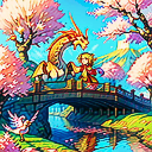 scroll, ancient, weathered, intricate, illuminated, vibrant colors, pixelated, ornate, detailed, calligraphy, mythical creatures, dragons, phoenixes, cherry blossoms, flowing patterns, gold accents, Japanese-inspired, sRGB, pixel art