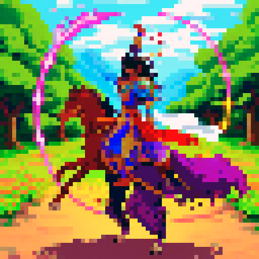 Arjuna, fierce warrior, with flowing hair, holding a bow, standing tall, in vibrant pixelated glory, surrounded by vivid colors, radiating energy