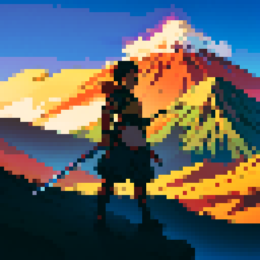 Anime warrior on an adventure with a volcano in the background. The warrior is holding a sword. 