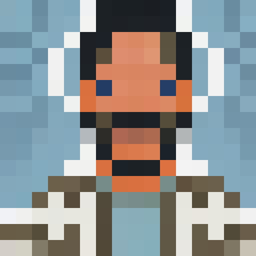 Full body Jemaine from Flight of the Conchords, pixelated in 16x16 game icon style, holding his guitar