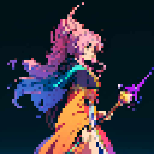 legendary anime girl wizard, long flowing hair, vibrant and dynamic colors, glowing magical staff, intricate and ornate robes, intense and focused expression looking to the right, not wearing shoes, sparkling and shimmering background, detailed and precise pixel art
