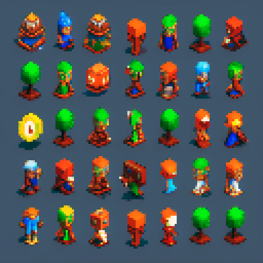 sprite sheets for the hero character, a 32x32 armored woman sprite, wielding a sword and shield, with animation frames for walking, running, dodging, blocking, and attacking. Two expressive 64x64 portraits for dialogue are tucked in the corner.