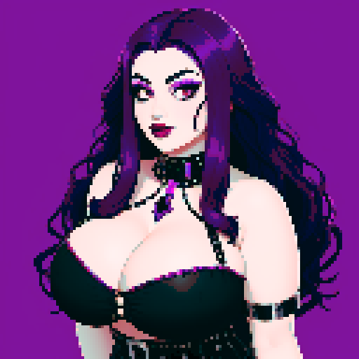 Plus size busty goth girl, with long purple hair, eyeliner, red lipstick. wearing a halter top and studded collar. Posing for a face portrait, avatar photo. vibrant sRGB colors, pixel art, edgy aesthetic