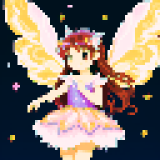 fairy girl with sparkly wings in pixel art style, surrounded by pink and purple flowy patterns, long brown hair and sparkles around her
